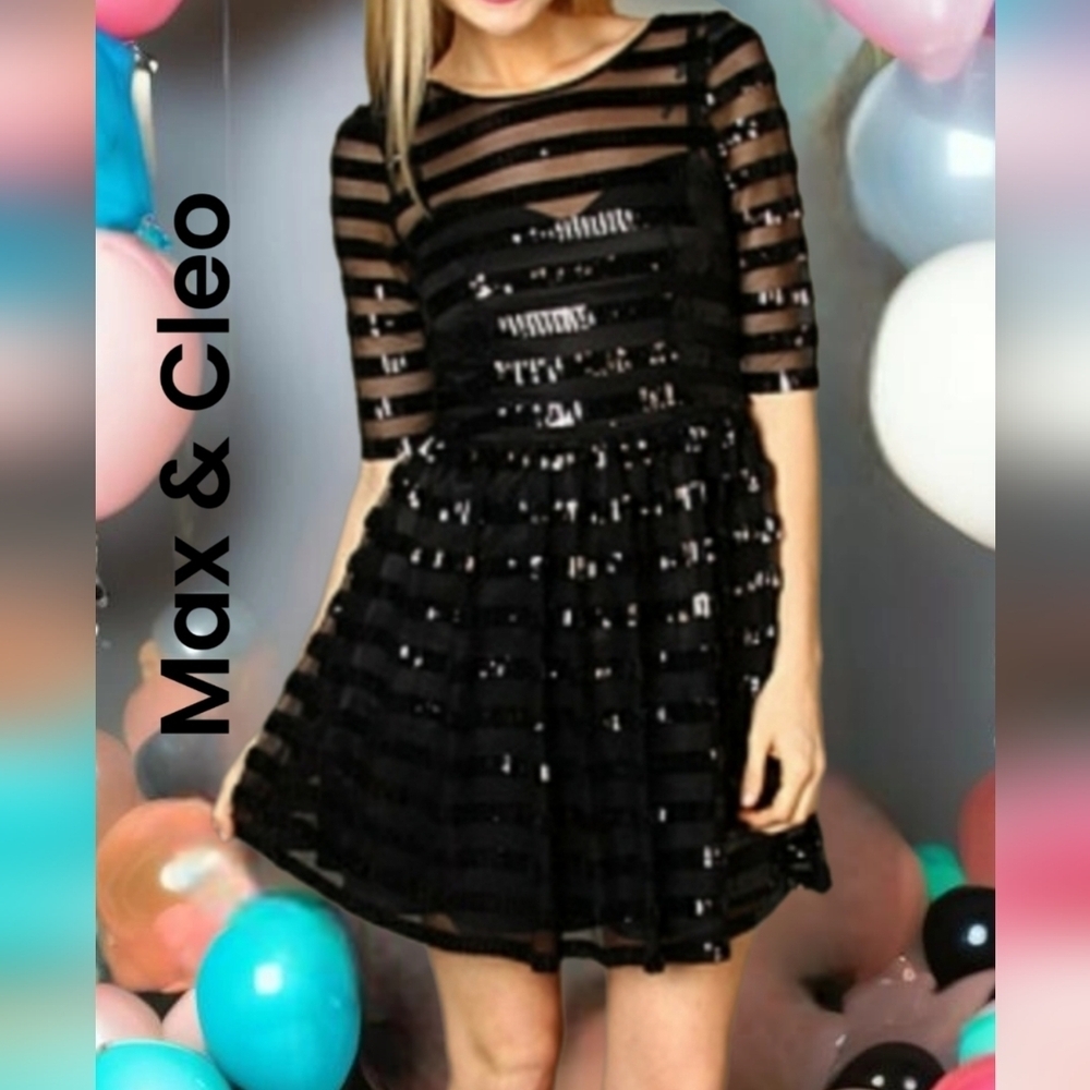 Max & Cleo Whitney Black Mesh & Sequins Party Cocktail Dinner Event Dress Sz 4